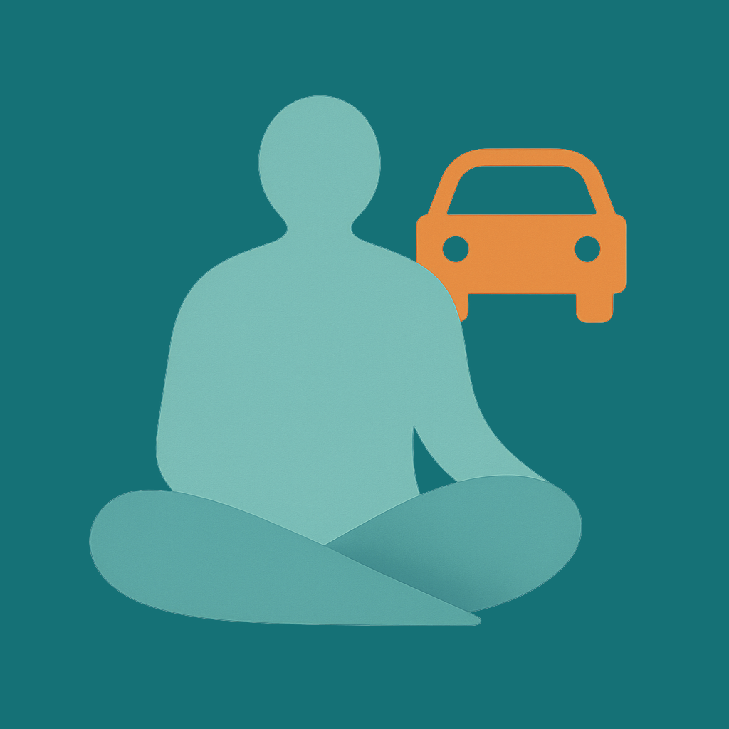 Icon of a sitting figure with a car in the background.
