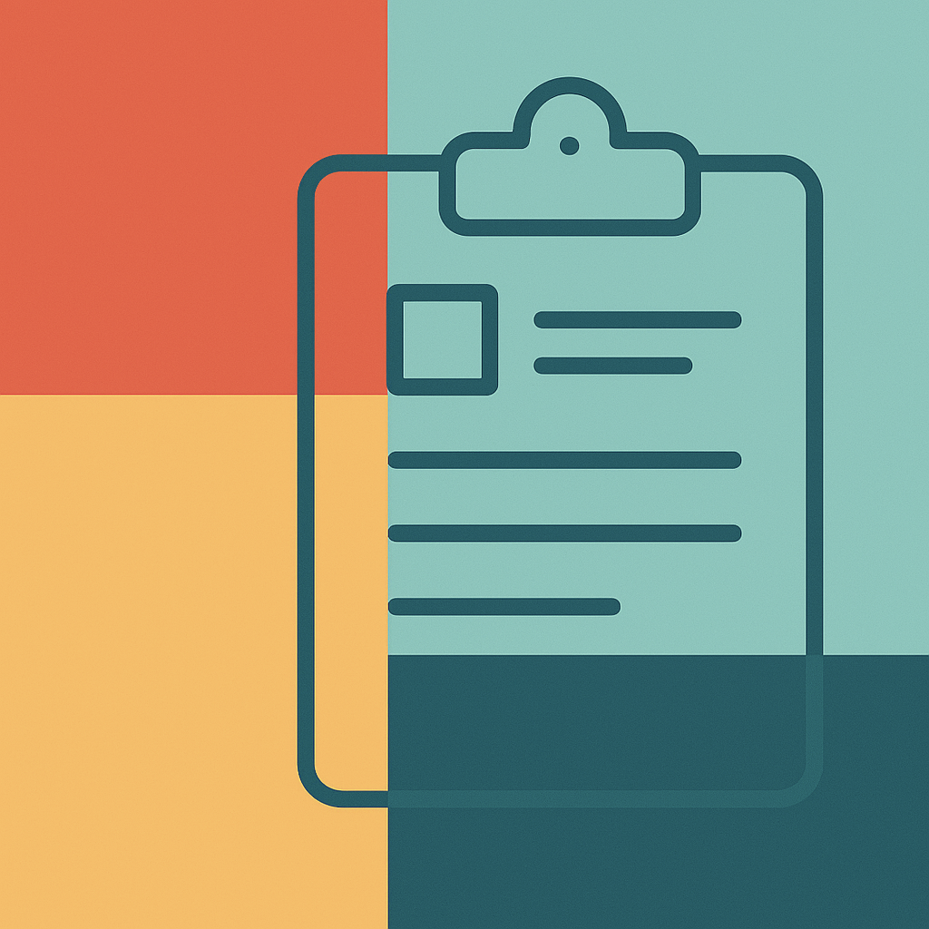 Icon of a clipboard on a coloured background.