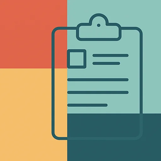 Icon of a clipboard on a coloured background.